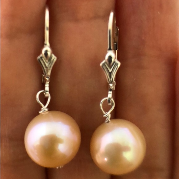 Handmade Jewelry - Peach/Pink 10mm Pearls-Sterling Silver Leverbacks